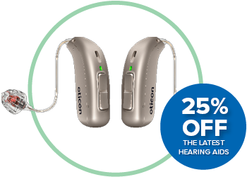image of hearing aids with 25% OFF the latest hearing aids bubble