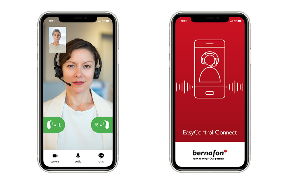 Deux smartphones montrant un audioprothésiste souriant lors d'un rendez-vous en ligne pour une aide auditive et d'une session d'adaptation à distance sur l'application Bernafon EasyControl Connect.