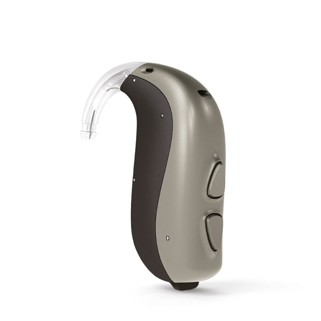 Picture of a Bernafon LEOX behind-the-ear hearing aid for mild to profound hearing loss in grey color