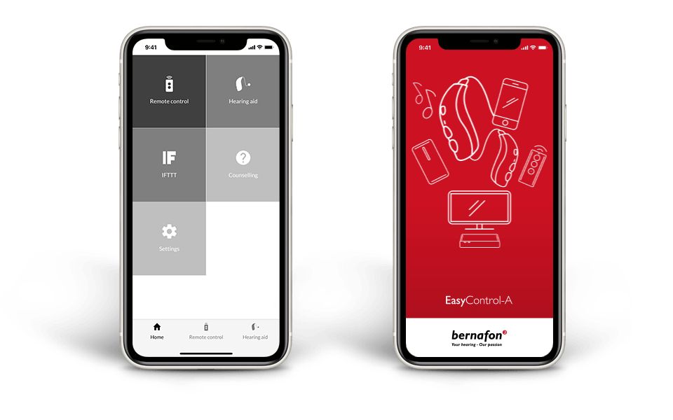 Two smartphones with the Bernafon EasyControl-A app open