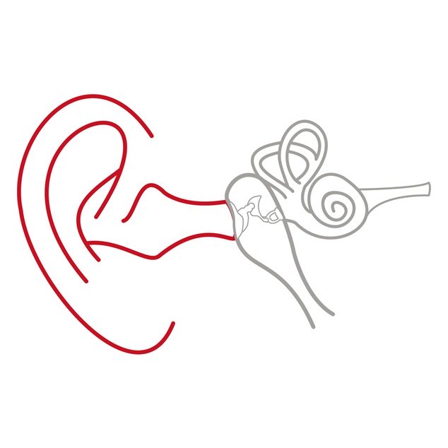 Illustration of the outer ear, middle ear, and inner ear with the outer ear highlighted in red