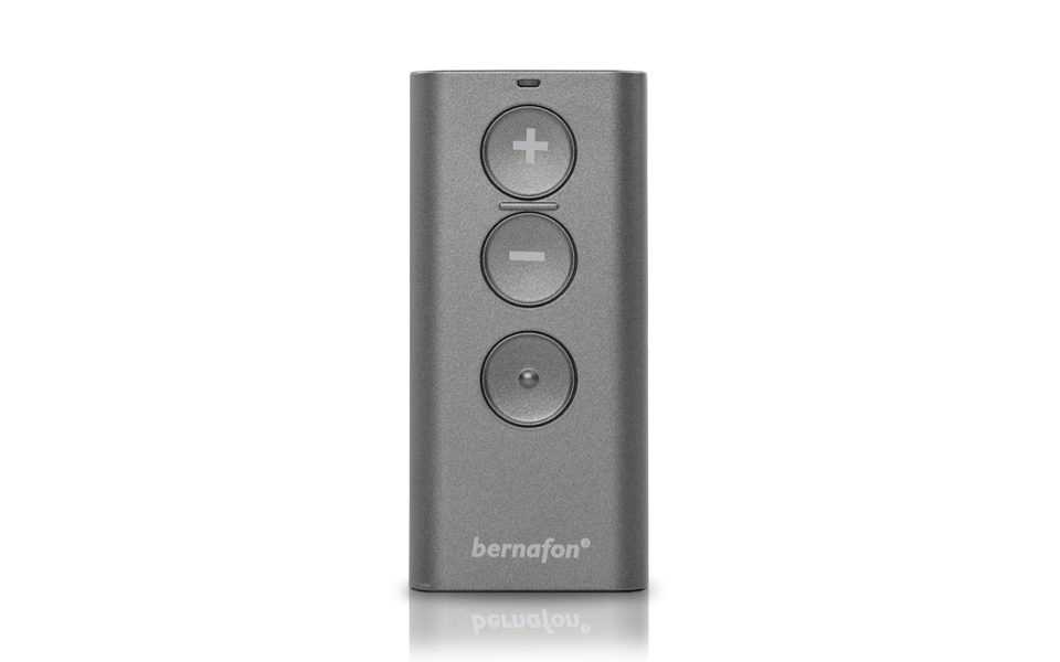Picture of the RC-A remote control with three large round buttons for use with Bernafon hearing aids