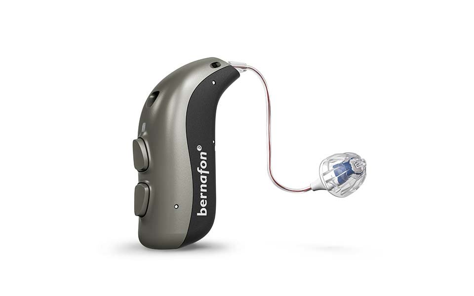 Metallic silver/metallic anthracite Bernafon rechargeable CROS/BiCROS miniRITE T R hearing aid with speaker and dome