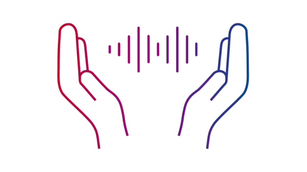 Gif of red/whitedrawing of hands with sound signal representing Hybrid Sound Care, part of Bernafon Hybrid Technology 