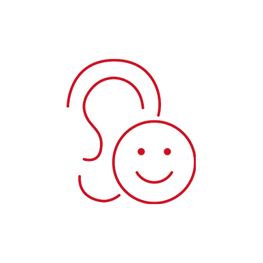 Red Bernafon listening comfort icon with ear and smiley face on white background
