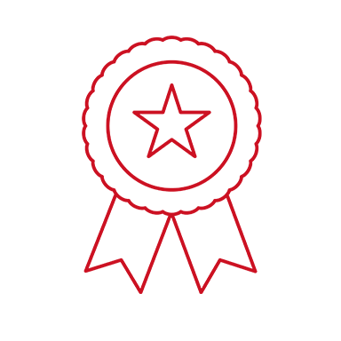 Icône de qualité de Bernafon rouge avec ruban de récompense sur fond blanc