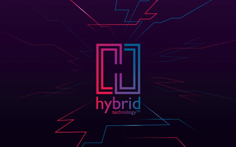 Logo Bernafon Hybrid Technology en rouge à gauche, bleu à droite, violet au milieu et lignes rouges et bleues autour