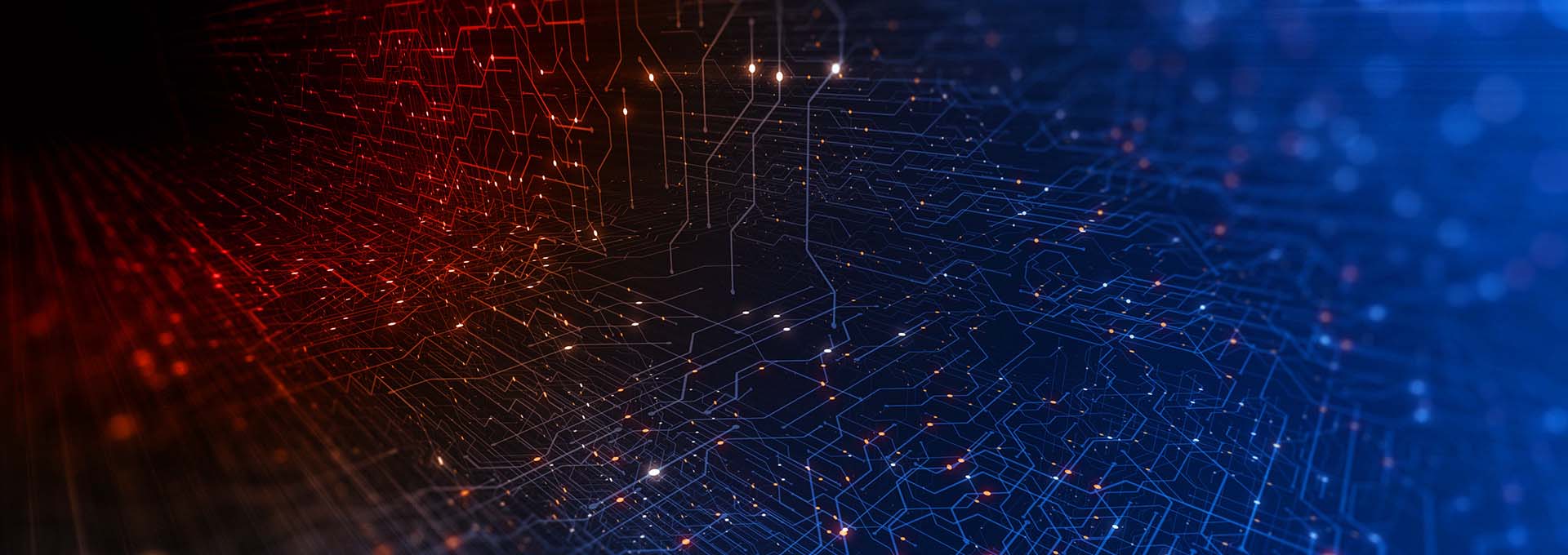 Un réseau de points connectés illuminés en rouge et bleu symbolisant le monde numérique de notre logiciel d'adaptation Oasis NXT.