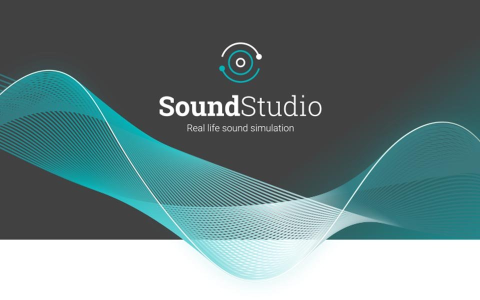 Logo Soundstudio sur une onde sonore bleue avec le texte "Real life sound simulation".