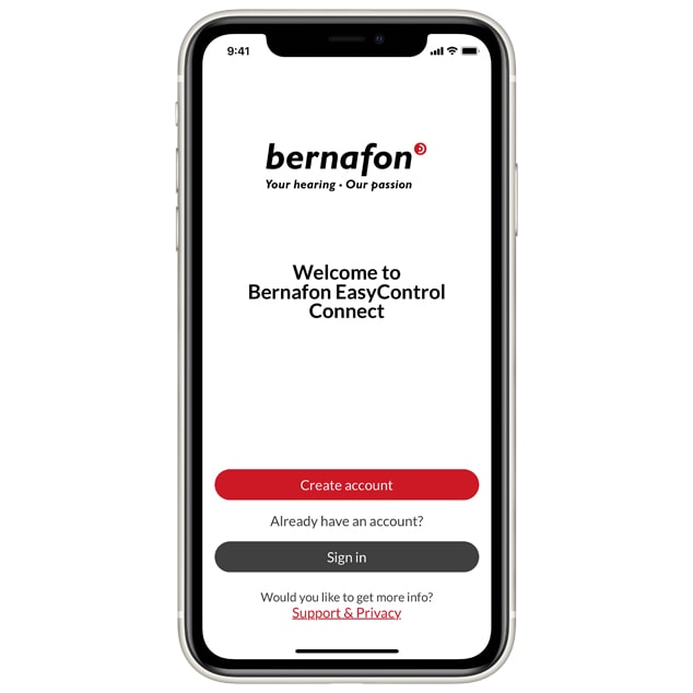 Smartphone montrant les options de création de compte et de connexion de l'application Bernafon pour les appareils auditifs.