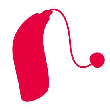 Red illustration of a behind the ear hearing aid