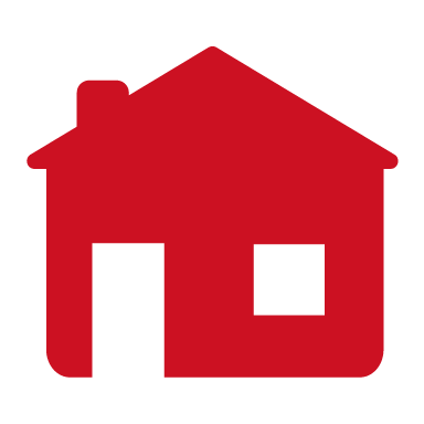 Illustration d'une maison rouge sur fond blanc montrant une consultation en ligne avec un audioprothésiste depuis son domicile.