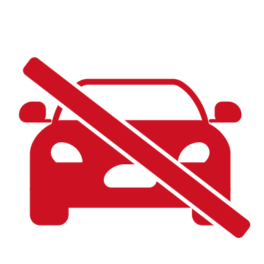 Illustration en rouge d'une voiture surmontée d'une lourde ligne diagonale montrant les avantages de ne pas se déplacer chez les audioprothésistes, mais d'avoir des séances d'adaptation en ligne.