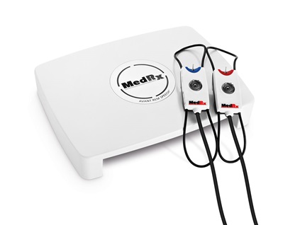 The MedRx REM Speech+. It is a small white device storing the hardware for REM/LSP. The SureProbe™ microphone system. There are cords connected to wires that loop around your ear to hold them on during the test. 