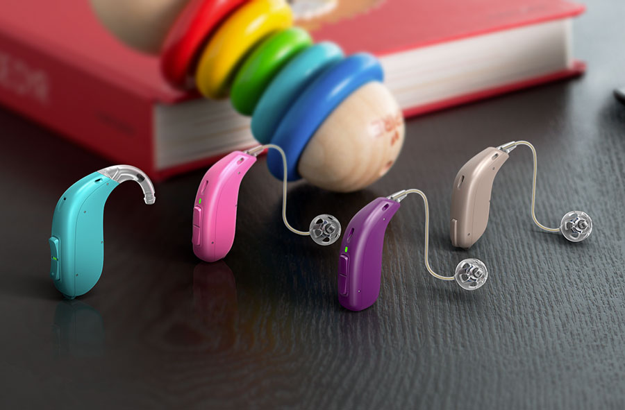 Lineup of Opn Play hearing aids for children